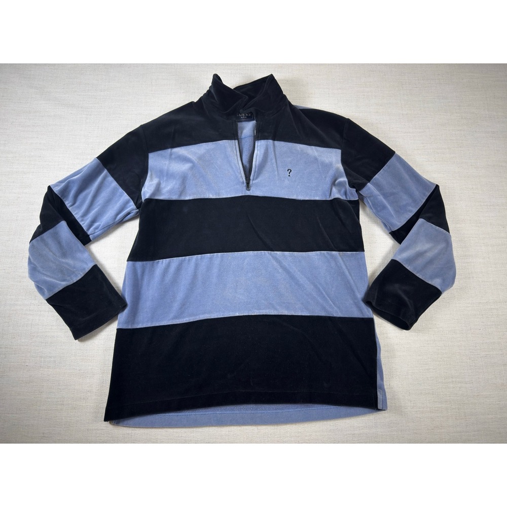 Vintage Guess USA Velour Quarter Zip Pullover Striped Black Blue Mens Large L